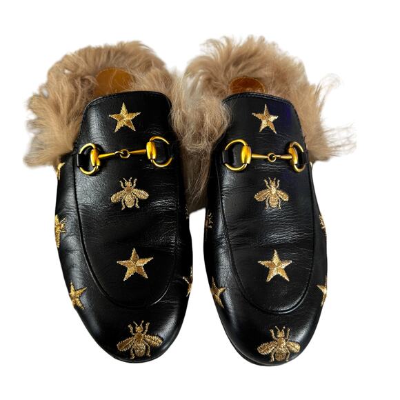 Gucci Horsebit Bee Princetown Fur Mules Loafers Black Size EU 37 US 7 - Picture 3 of 15
